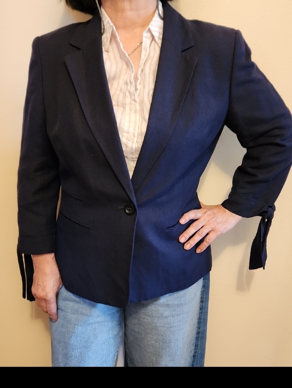 Nine West Navy Linen Blend  Single-Button Tie-Sleeve Blazer Size L
